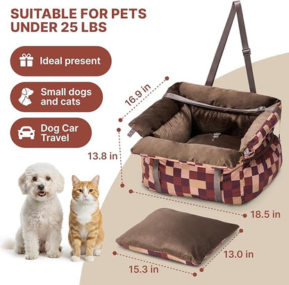 BurgeonNest Dog Car Seat for Small Dogs, Calm Blue Pet Car Bed Under 25 lbs, Soft Booster Fully Detachable and Washable Cat Carseats with Storage Pockets and Clip-On Leash Portable Travel Carrier