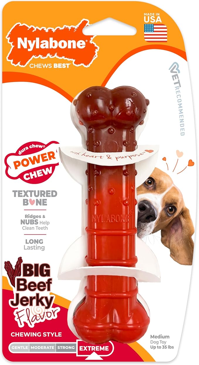 Nylabone Textured Bone Power Chew Toy for Dogs, Durable & Tough Dog Toys for Aggressive Chewers, Beef Jerky Flavor, Medium Dogs - Up to 35 lbs, 1 Count