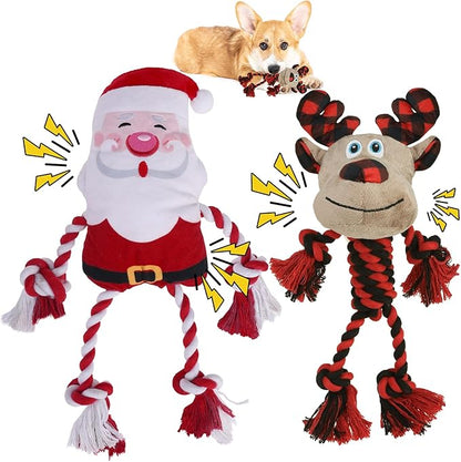 PAWCHIE Dog Christmas Toys 2 Pack,Squeaky Chew Dog Toy Interactive Puppy Toys,Soft Pet Plush Teething Pet Rope Toys Santa Claus Reindeer Shape for Boredom, for Small Medium Dogs,Red