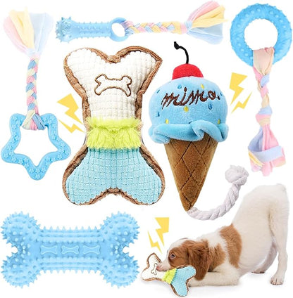 BAEJMJK 6 Pack Puppy Teething Toys Blue Small Breed Dog Chew Toys with Rope Cute Plush Squeaky Dog Toys Soft Rubber Puppy Toys Set for Cleaning Teeth Interactive Pet Doggy Bone Toys