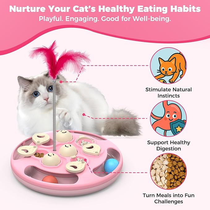 Cat Puzzle Toys Games Level 3 in 1 with Track Balls, Feather Teaser & Treat Feeder | Non-Slip Base | Mental Stimulation Enrichment for Indoor Cats | Kitty Gift, Pink