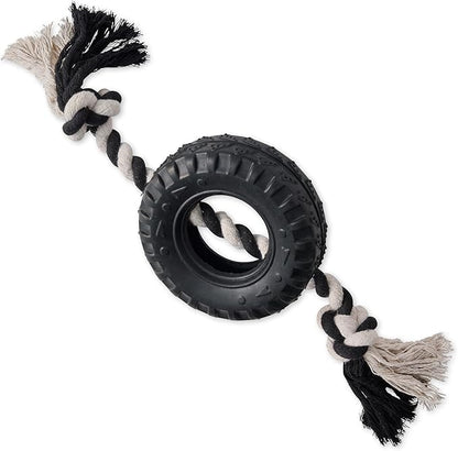 Natural Rubber Tire and Organic Cotton Rope Pull and Chew Dog Toy for All Pet Breeds, Black, Medium
