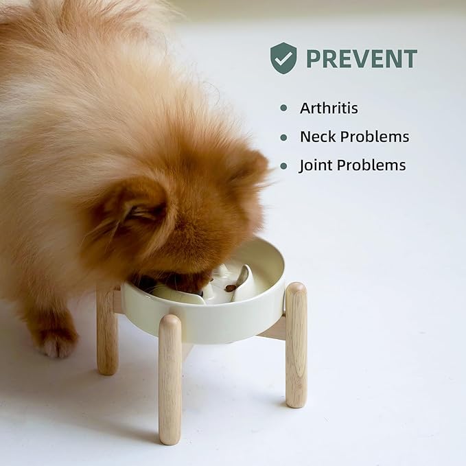 Ceramic 0.9 Cup Raised Dog Slow Feeder Set, Elevated Bowl with Wooden Stand for Small Dog and Cat, 6.1inch Puzzle Slow Dog Food Dish, Anti-Gulping(Light Yellow, Single Bowl+ Stand)