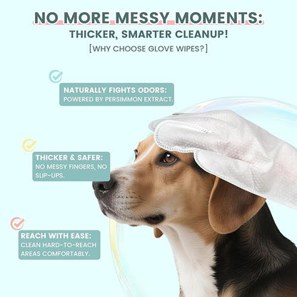 50 Pcs Cleaning Deodorizing Pet Glove Wipes for Dogs & Cats, Hypoallergenic Dog Bath Wipes with Natural Deodorizer Persimmon Tannin, Pet Bathing Wipes for Horse Coat Care Unscented