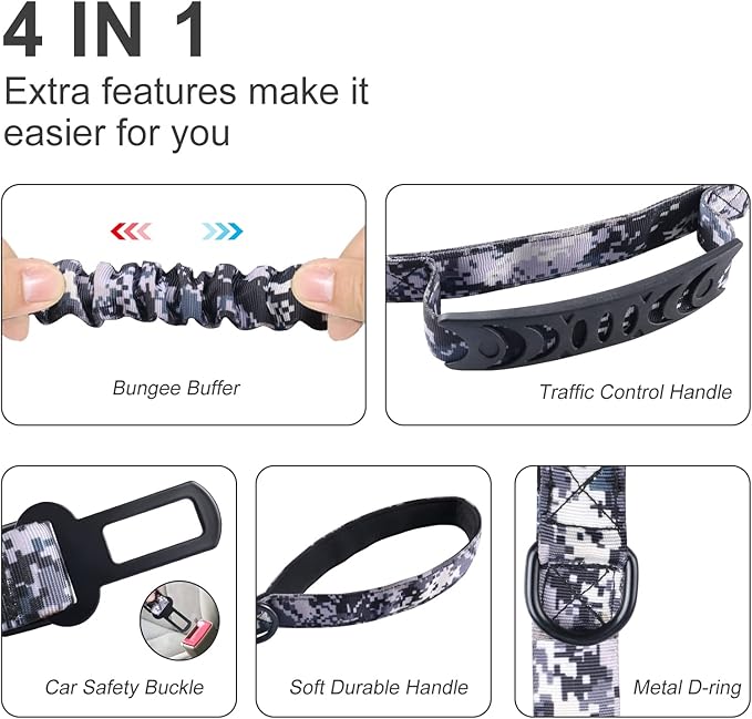 Hotsky Tactical Dog Leash Heavy Duty for Medium Large Dogs that Pull,4-6Ft Strong Bungee Shock Absorbing No Pull Dog Leash with Padded Double Handle and Car Seatbelt,ACU