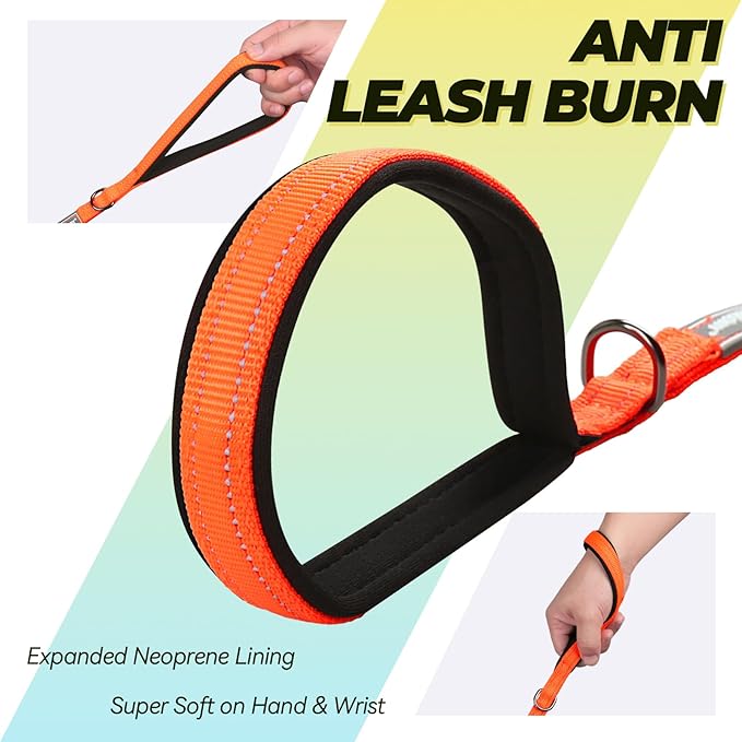 VIVAGLORY Dog Leash Twingrip Double Handle Dog Leash with Traffic Handle Control & 2 Loop for Walking & Training, Reflective Heavy Duty for Puppy Pet Collar, 5ft x 1/2in, Orange