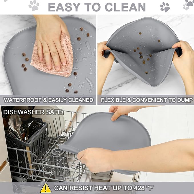 Small Silicone Pet Food Mat with Raised Edge for Food and Water Bowl, Square Dog Feeding Mats, Cat Food Trays for Floor Waterproof, Rubber Tray for Dogs and Cats, 12 x 12 x 0.7 Light Gray