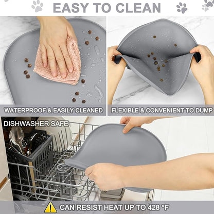 Small Silicone Pet Food Mat with Raised Edge for Food and Water Bowl, Square Dog Feeding Mats, Cat Food Trays for Floor Waterproof, Rubber Tray for Dogs and Cats, 12 x 12 x 0.7 Light Gray