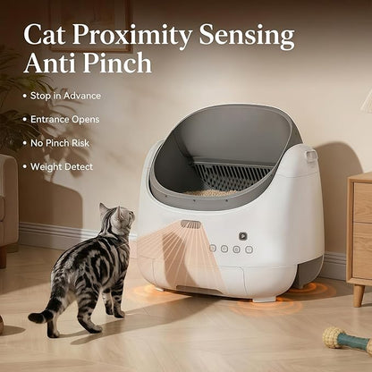 Self Cleaning Litter Box, Open Top Automatic Litter Box with Cat Proximity Sensing, Anti-Pinch 100L Large Auto Robot for Multiple Cats, Including Litter Mat Waste Bag