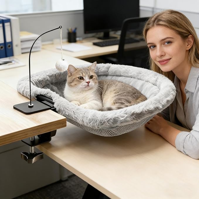 Desktop Cat Hammock Bed, Small Kitten Table Perch, Space-Saving for Living Room Indoor Office Home Bedroom Table Rest Play Gear Power Electric Unit Accessory Blower Personal Tool Box Kit Household