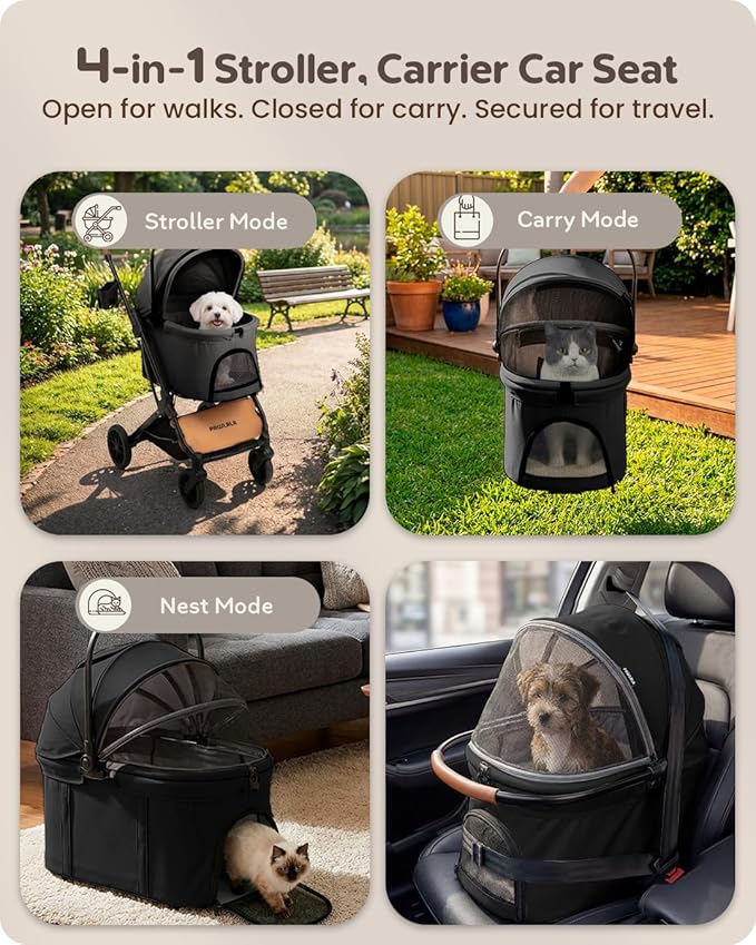 Pet Stroller with Detachable Carrier for Small, Medium Dogs & Cats, Lightweight Foldable Design, Travel-Ready, Compact Storage (Midnight Black)