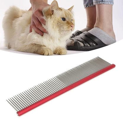 Dog Comb, 2-in-1 Stainless Steel Rounded Ends Dog Grooming Comb Pet Comb with Two Different Densities of Steel Teeth for Grooming Matting, Red