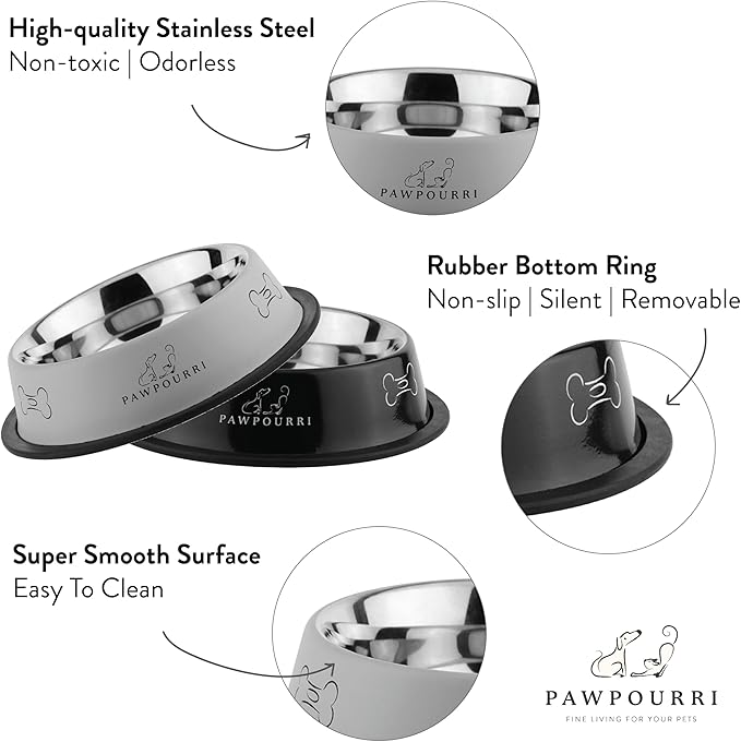 2 Pack Stainless Steel Dog Bowls – 16 fl oz Anti-Skid Food & Water Bowls for Small Dogs, Puppies & Cats|Dog Food & Water Bowl|Dog Feeding Bowl (Grey)