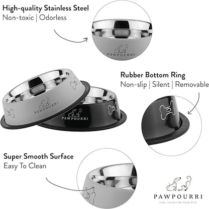 2 Pack Stainless Steel Dog Bowls – 23.6 fl oz Anti-Skid Food & Water Bowls for Small Dogs, Puppies & Cats | Dog Food & Water Bowl | Dog Feeding Bowl (Black & Grey)