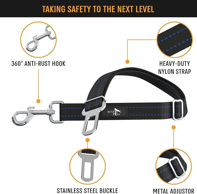 Active Pets Blue Car Seat Belt for Dogs, Attaches to Harness & Collar, Adjustable 18" - 24" Travel Restraint System Fits Small - Large Pups for Safety & Comfort, Essential Pet Supplies & Accessories