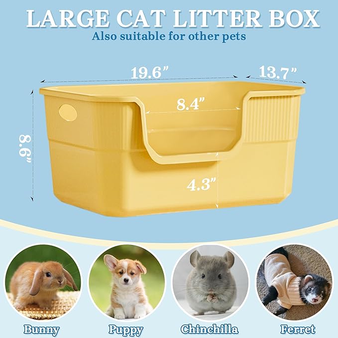 Low Entry Litter Box for Kittens & Senior Cat, High Sided Kitty Litter Boxes with Handle, Anti-Splash Plastic Large Litter Tray Pan for Big Cats, Easy to Clean, 19.6" L*13.7" W*8.6" H (Yellow)