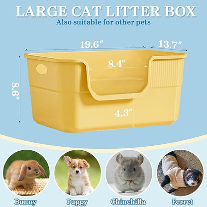 Low Entry Litter Box for Kittens & Senior Cat, High Sided Kitty Litter Boxes with Handle, Anti-Splash Plastic Large Litter Tray Pan for Big Cats, Easy to Clean, 19.6" L*13.7" W*8.6" H (Yellow)
