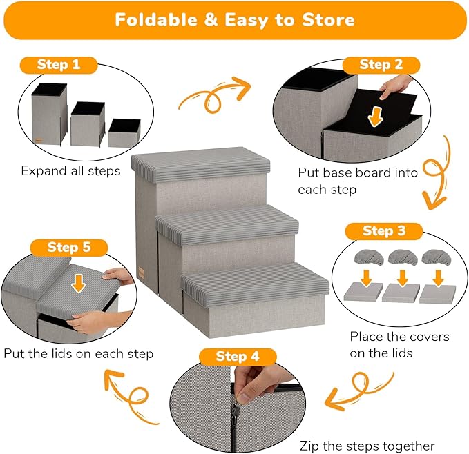 3-Step Wide Dog Stairs 18" H with Removable Cover, Non-Slip Storage Pet Steps for High Bed Couch, Pet Stairs for Small/Medium/Large Old Dogs Puppy Up to 200lbs, Cat Dog Steps for Car, Grey