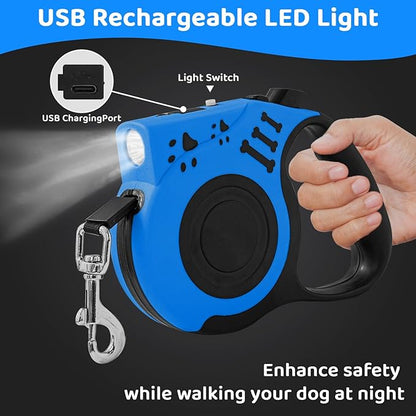 Retractable Dog Leash with USB Rechargeable Flashlight for Night Walks, 16FT Automatic Telescopic Tractor Dog Leash for Small and Medium Dogs, Light Blue