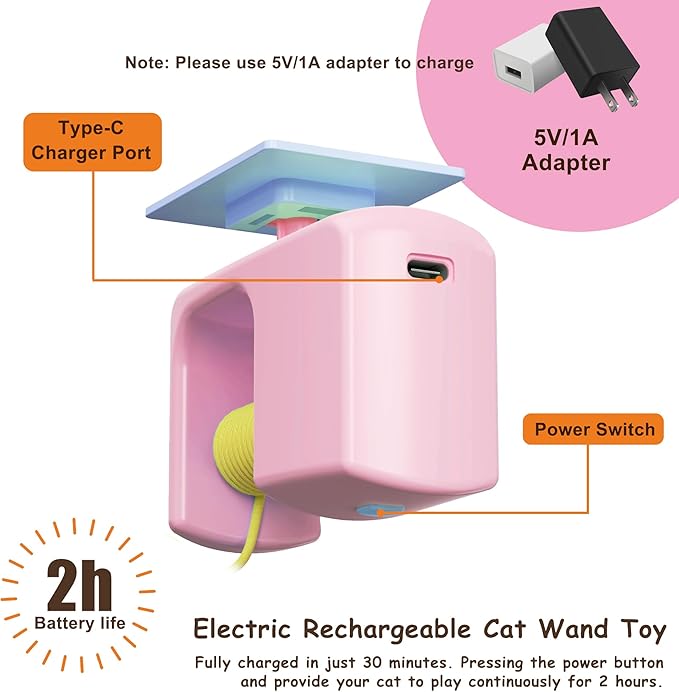 Automatic Hanging Cat Toy for Indoor Cats, Electric Doorway Cat Teaser with Motion Sensor, Quiet Motor & Retractable Rope, Includes 3 Replaceable Feather Attachments, USB Rechargeable, Pink