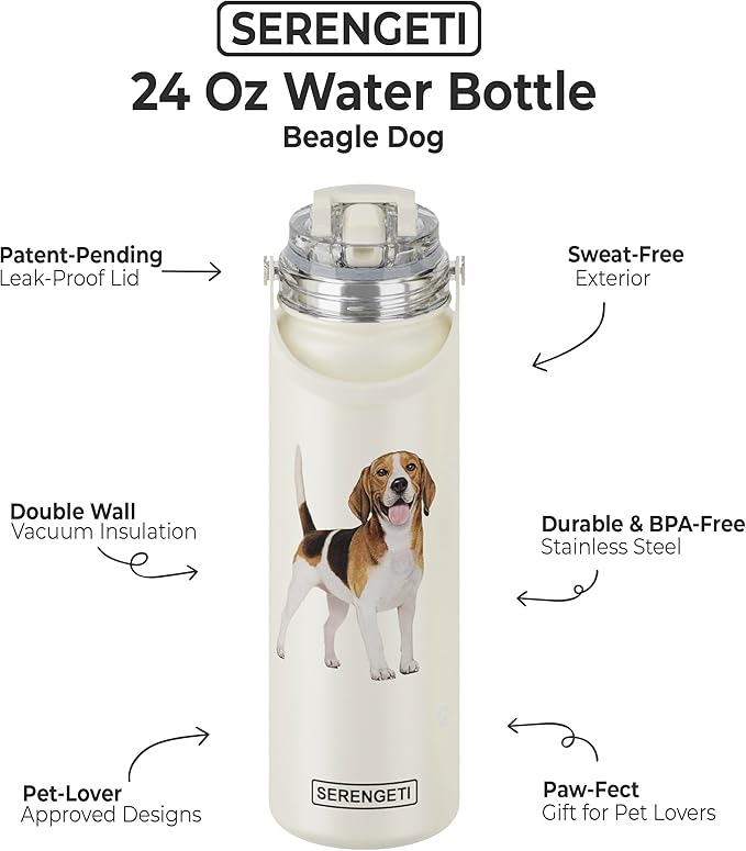 SERENGETI 24 Oz Water Bottle Stainless Steel with Spill Proof Lid - Double walled Vacuum Insulated water flask - Realistic 3D Print of your favorite dog (Beagle)