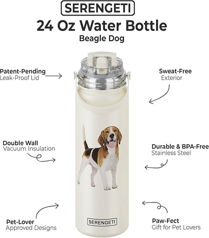 SERENGETI 24 Oz Water Bottle Stainless Steel with Spill Proof Lid - Double walled Vacuum Insulated water flask - Realistic 3D Print of your favorite dog (Beagle)