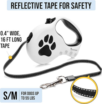 Award-Winning Retractable Dog Leash for Small and Medium Dogs (Max 55 lbs), Clip & Go System with Reflective Tape and Ergonomic Handle, Includes Clips, Poop Bag Holder and Dispenser, White