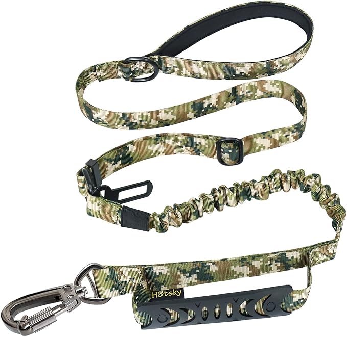Hotsky Tactical Dog Leash Heavy Duty for Medium Large Dogs that Pull,4-6Ft Strong Bungee Shock Absorbing No Pull Dog Leash with Padded Double Handle and Car Seatbelt,Army Camo