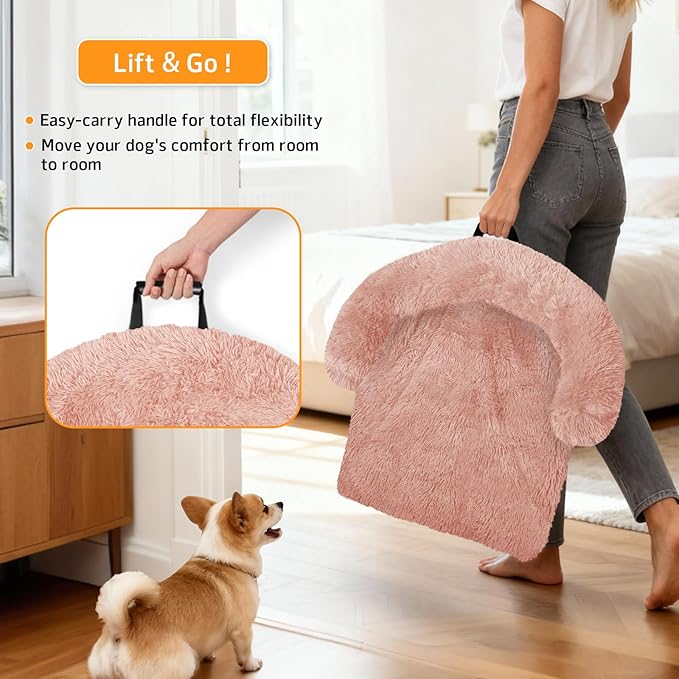 GGIB Calming Dog Bed Fluffy Plush Dog Mat for Furniture Protector with Removable Washable Cover for Large Medium Small Dogs and Cats (Medium, Pink)