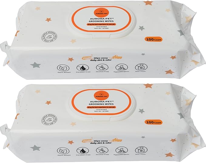 Aurora Pet Wipes – 100% Natural, Plant-Based Hypoallergenic Grooming Wipes for Dogs & Cats – Extra-Durable, Large & Thick for Effortless Cleaning (Unscented, 200 Count)