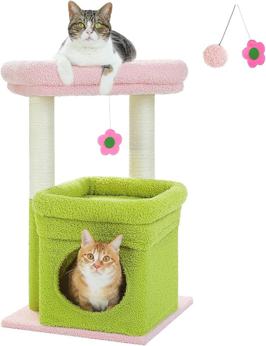 PEQULTI Cat Tree Flower Cat Tower for Indoor Cats with Private Cozy Cat Condo, Natural Sisal Scratching Posts and Plush Pom-pom for Small Cats, Pink