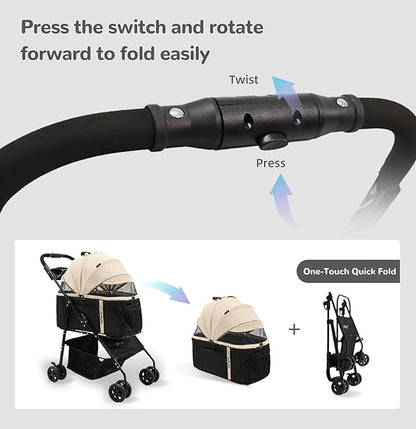 Pet Stroller with Removable Carrier, 3 in 1 Stroller for Dogs, Pet One-Click Foldable Pet Stroller with 4 Wheel, Small Dog Stroller Holds up to 33 lbs, Cup Holder, Car Stroller, Khaki