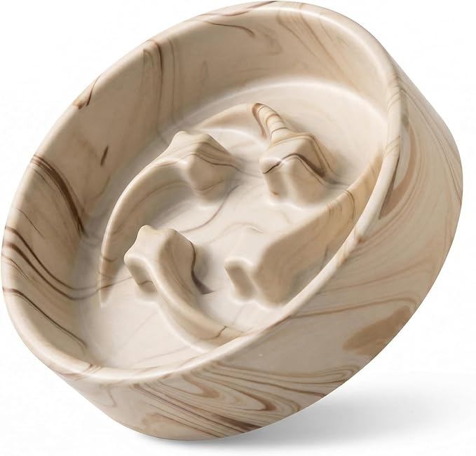 Stoneware Slow Feeder Dog Bowls Small Breed, 0.6 Cups Slow Eating Dog Bowl with Marble Pattern Design, Weighted Anti Gulping Food Bowl, Non Slip Puzzle Maze Pet Dishes for Fast Eaters, 6 inch