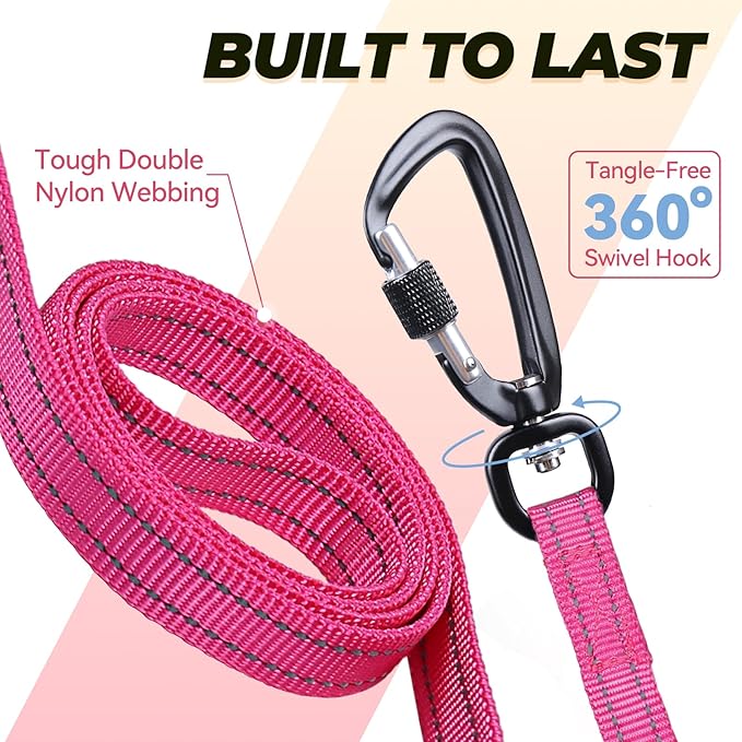 VIVAGLORY Dog Leash Twingrip Double Handle Dog Leash with Traffic Handle Control & 2 Loop for Walking & Training, Reflective Heavy Duty for Puppy Pet Collar, 6ft x 1/2in, Pink