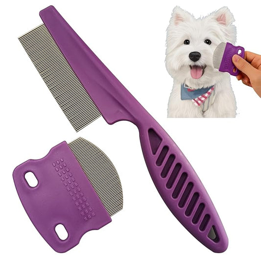 2 Pack Professional Pets Eye Combs,Pets Grooming Comb Kit,Stainless Steel Tear Stain Remover for Cats & Dogs,Flea Lice Comb,Gentle Curved Comb Teeth,Precisely Removes Stains (Pet comb set)