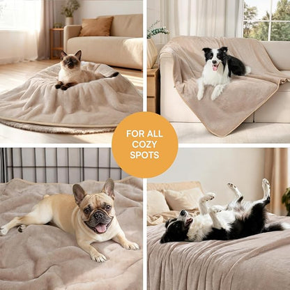 Luciphia Waterproof Pet Blanket, Liquid Pee Proof Dog Blanket for Sofa Bed Couch, Reversible Sherpa Fleece Furniture Protector Cover for Small Medium Large Dogs Cats, Khaki+Beige Large（65" x 57"）