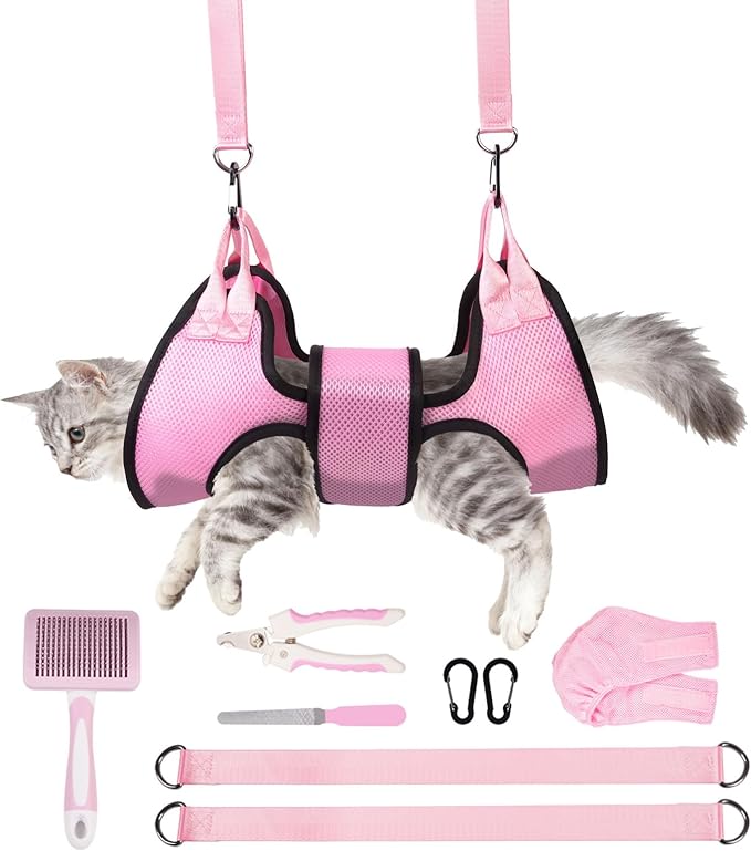 Dog Grooming Hammock, Cat/Small Dog Hammock for Nail Trim, Hanging Harness for Claw Care,Grooming Sling Holder Hanger with Thick Fabric Neck Support Wide Strap Restraint(Pink,xs)