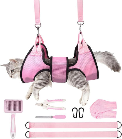 Dog Grooming Hammock, Cat/Small Dog Hammock for Nail Trim, Hanging Harness for Claw Care,Grooming Sling Holder Hanger with Thick Fabric Neck Support Wide Strap Restraint(Pink,xs)