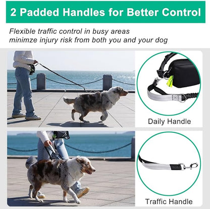 Hands Free Dog Leash with Pouch, Waist Leash for Dog Walking with Water Bottle Holder, Reflective Stitching, Dual Handle, Bungee Retractable Running Medium to Large Black 25-120 lbs