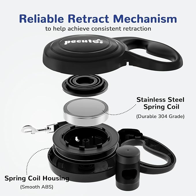 32ft Retractable Dog Leash with Reflective Strips, One-Button Control & Sturdiness Nylon Material, Long Leash Retractable with Poop Bag Holder for Medium Large Dog