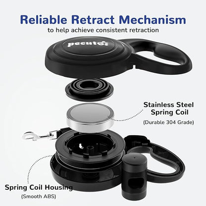 32ft Retractable Dog Leash with Reflective Strips, One-Button Control & Sturdiness Nylon Material, Long Leash Retractable with Poop Bag Holder for Medium Large Dog