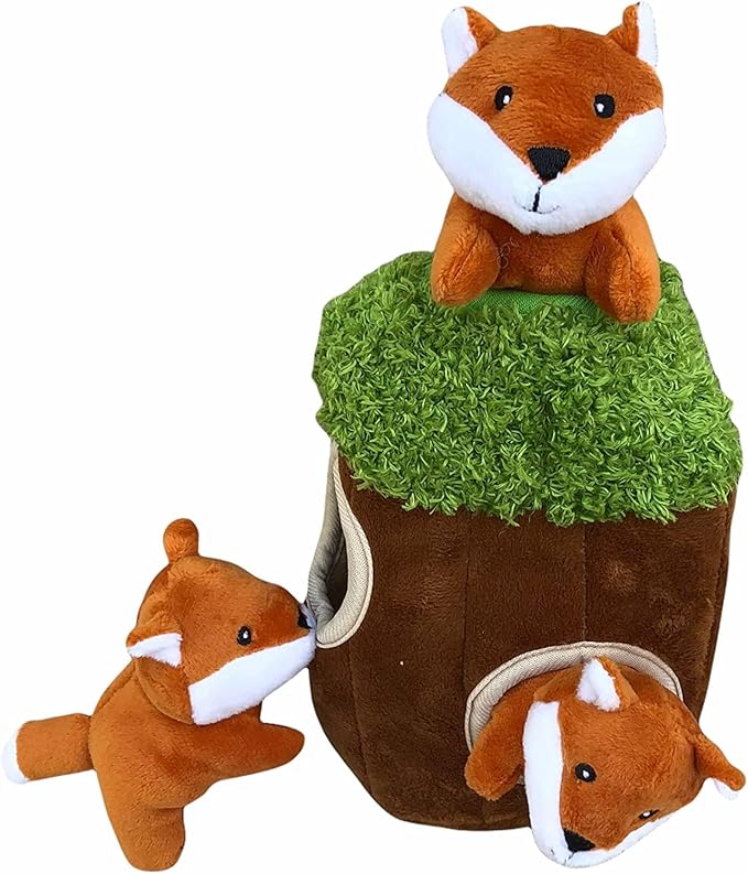 Glow Pups Hide and Seek Dog Toy, Plush Fox Inside Trunk, Squeaky Interactive Burrow Toy for Mental Stimulation, Durable & Engaging, Woodland Style, Small, 3 Animals