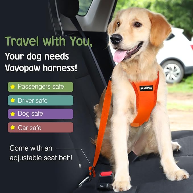 VavoPaw Dog Seat Belt, Safety Vest Dog Car Harness with Adjustable Buckle Dog Seat Belt for Vehicle Nylon Pet Safety Seat Belts Heavy Duty(L, Orange)