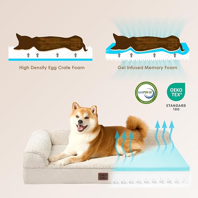 EHEYCIGA Large Dog Bed Memory Foam for Crate, Orthopedic Dog Bed Large Size Dogs with Washable Removable Cover, Waterproof Pet Sofa Couch with Nonskid Bottom, 35x22x6, Beige
