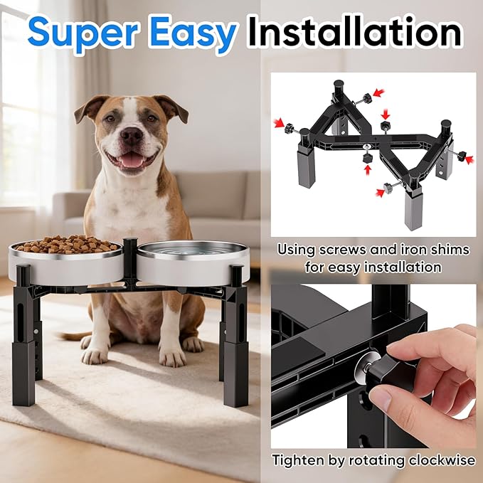 Aystkniet Dog Bowl Stand with Adjustable Height & Width, Anti-Slip Elevated Food Water Bowl Holder for Large Medium Small Dogs, Durable Raised Dog Feeder for Lifted Feeding, Only Stand Without Bowls