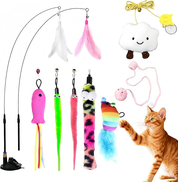 Interactive Cat Wand Toys, 7PCS Fishing Pole Cats Feathers Toy Replacements,Enhanced Suction Cup Cats Wand Toy, 2Types Door Hanging Cat String Toys for Indoor Kittens