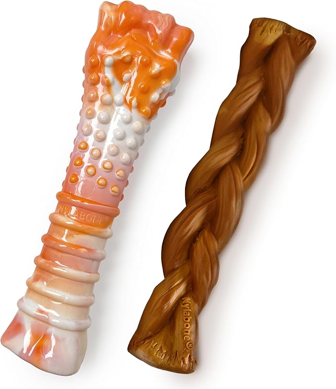Nylabone 70th Birthday Textured Bone & Braided Bully Stick Alternative Power Chew Toys for Dogs, Tough Dog Toys for Aggressive Chewers, Chicken & Beef Flavor, Large Dogs - Up to 50 lbs, 2 Pack