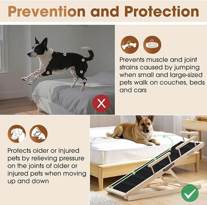 Dog Ramp for Bed - 52.9" Long Adjustable 12" to 28" Wooden Pet Ramp for Small Large Older Dogs - Dog Ramps for High Beds Couch Car - Dog Steps with High Traction Mat & Safety Side Rails Up to 250LB
