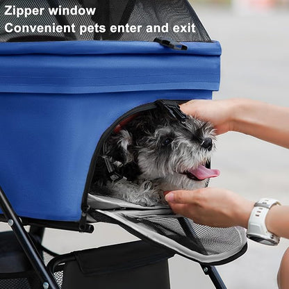 Pet Stroller-Folding 4 Wheels Cat/Dog Stroller for Medium Small Pets with Storage Basket and Cup Holder Suitable for Going Out and Traveling (Blue)