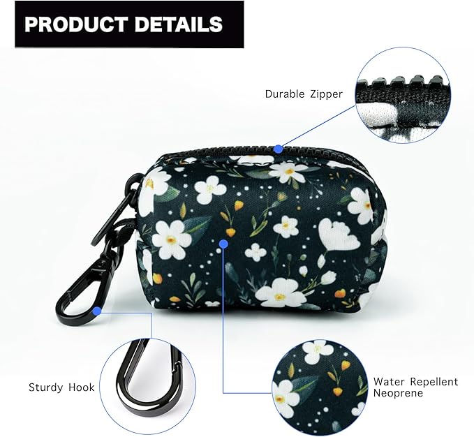 Petmolico Dog Poop Bag Holder Leash Attachment, Dog Waste Bag Dispenser Zippered Pouch, Fits Any Dog Leash, Includes Free Roll of Dog Bags, Poop Bag Dispenser - 2 Packs, Mixed Cyan&Flower